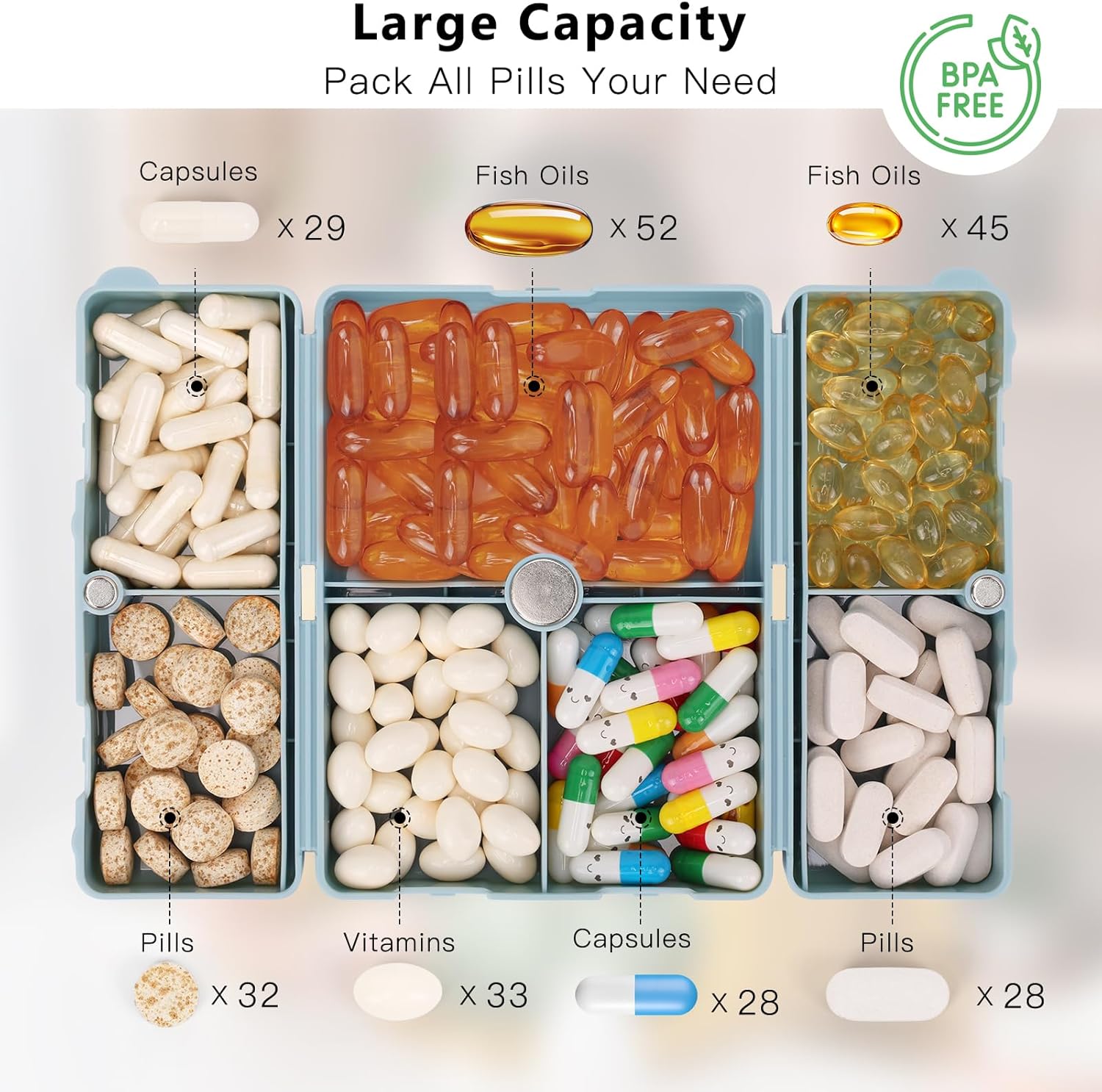 Detalle de FYY Daily Pill Organizer, 7 Compartments – Portable Magnetic Folding Case (SkyBlue)