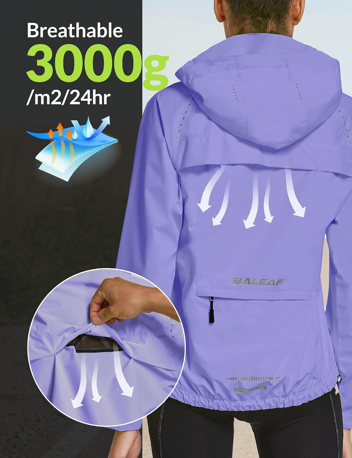 Detalle 2 de baleaf Damen Fahrradjacke Regenjacke wasserdicht & atmungsaktiv – leichte Outdoor-Windjacke für Sommer, Trekking & Sport