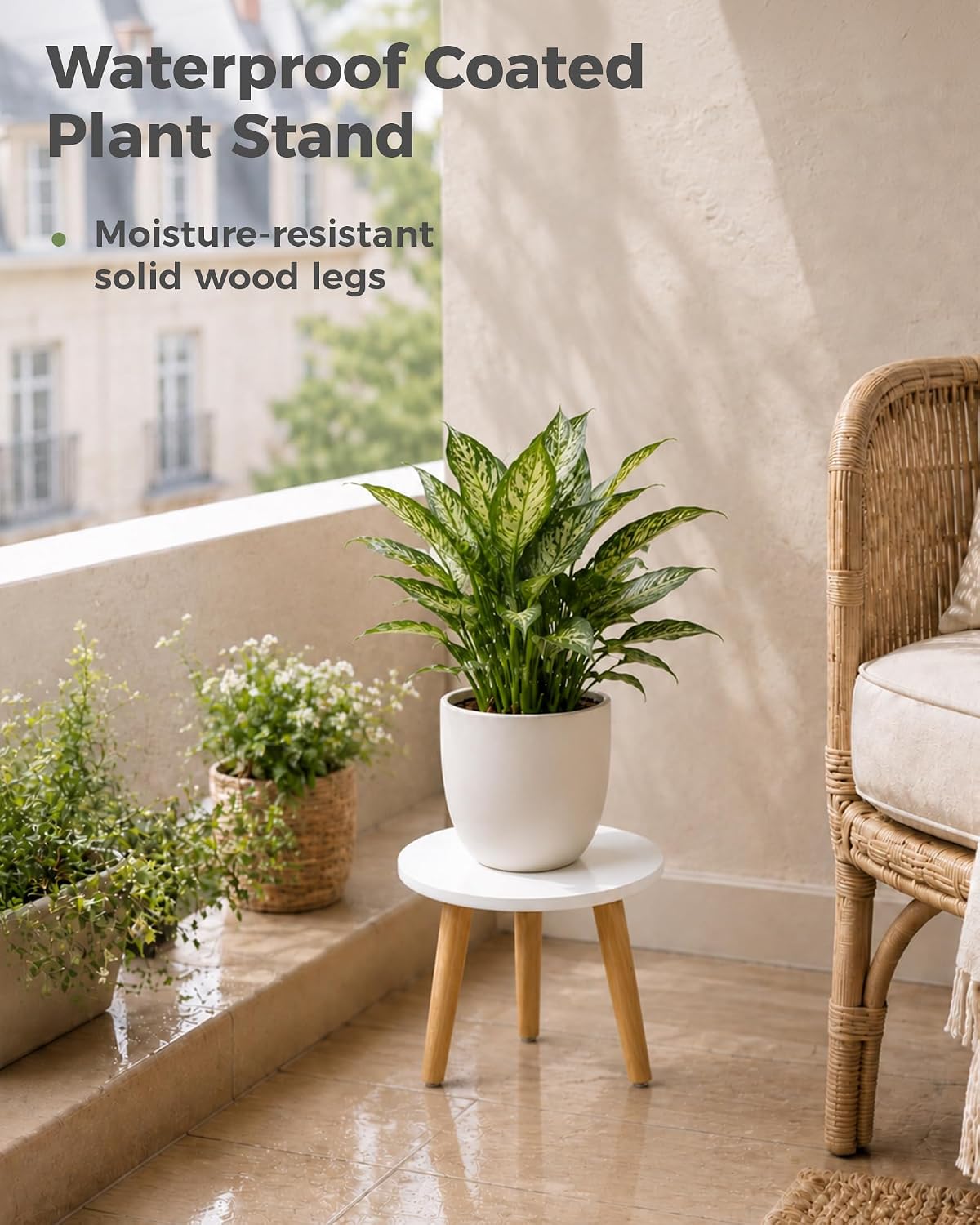 Detalle de Bamworld Supporto per piante alto da interno in legno rotondo, 28 cm di diametro, tre gambe, portavasi fino a 45 kg – bianco