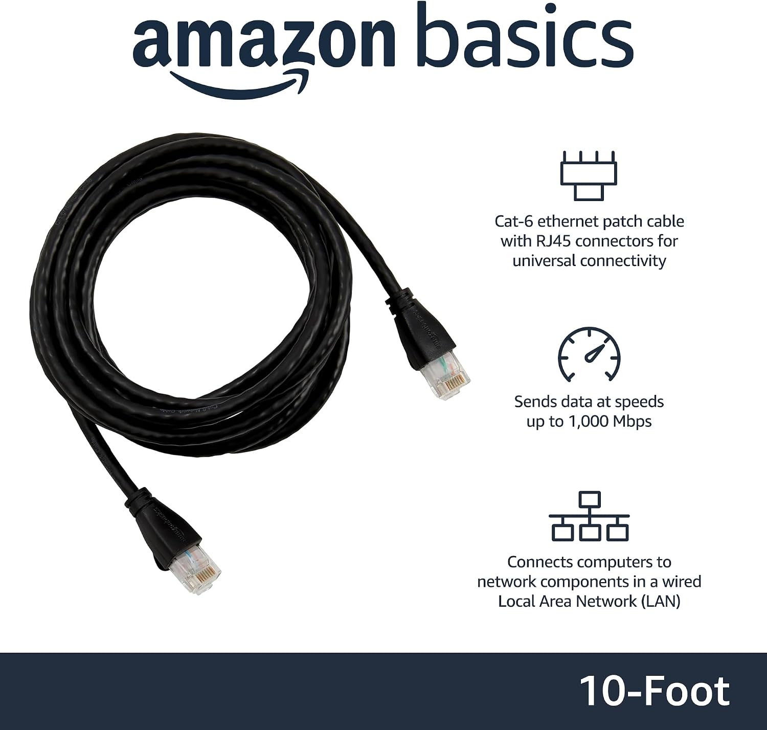 Detalle de Amazon Basics Cat-6 RJ45 Ethernet Patch Cable (10 ft / 3 m, 24-pack) – black