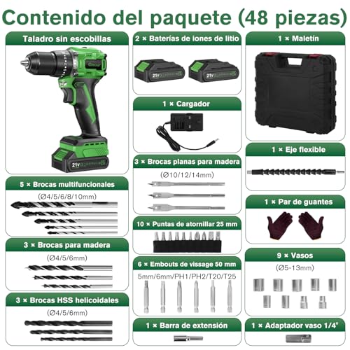Thumbnail 7 de Ginour Taladro Percutor a Batería 50 Nm, 21V con 2 Baterías 2Ah y Maletín: versatilidad 3 en 1 para atornillar, taladrar y percutir