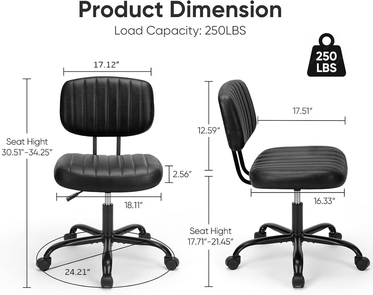 Detalle de DUMOS 2139ND722 Armless PU Leather Office Chair with Adjustable Height
