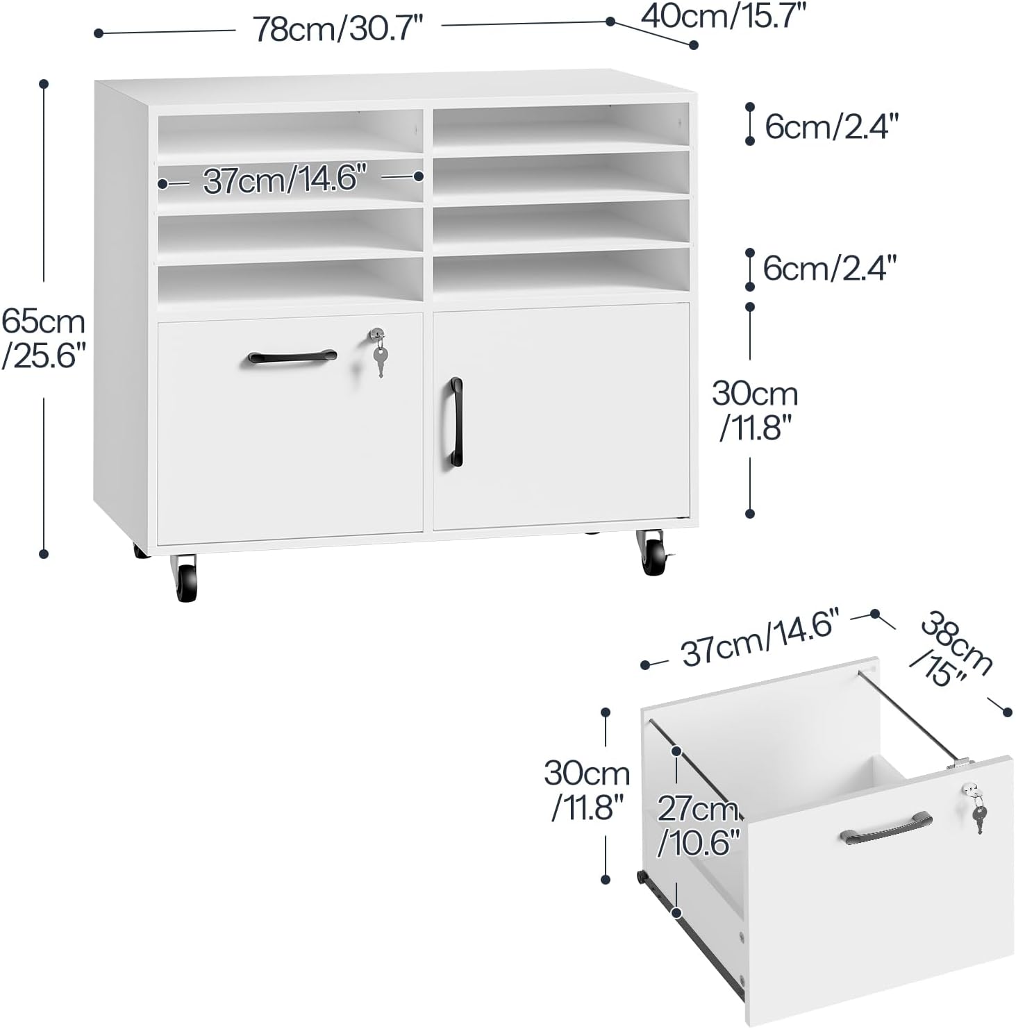 Detalle de HOOBRO Rollcontainer mit abschließbarer Schublade und 8 Fächern – mobiler Akten- und Bürocontainer in Weiß EWB55WJ01