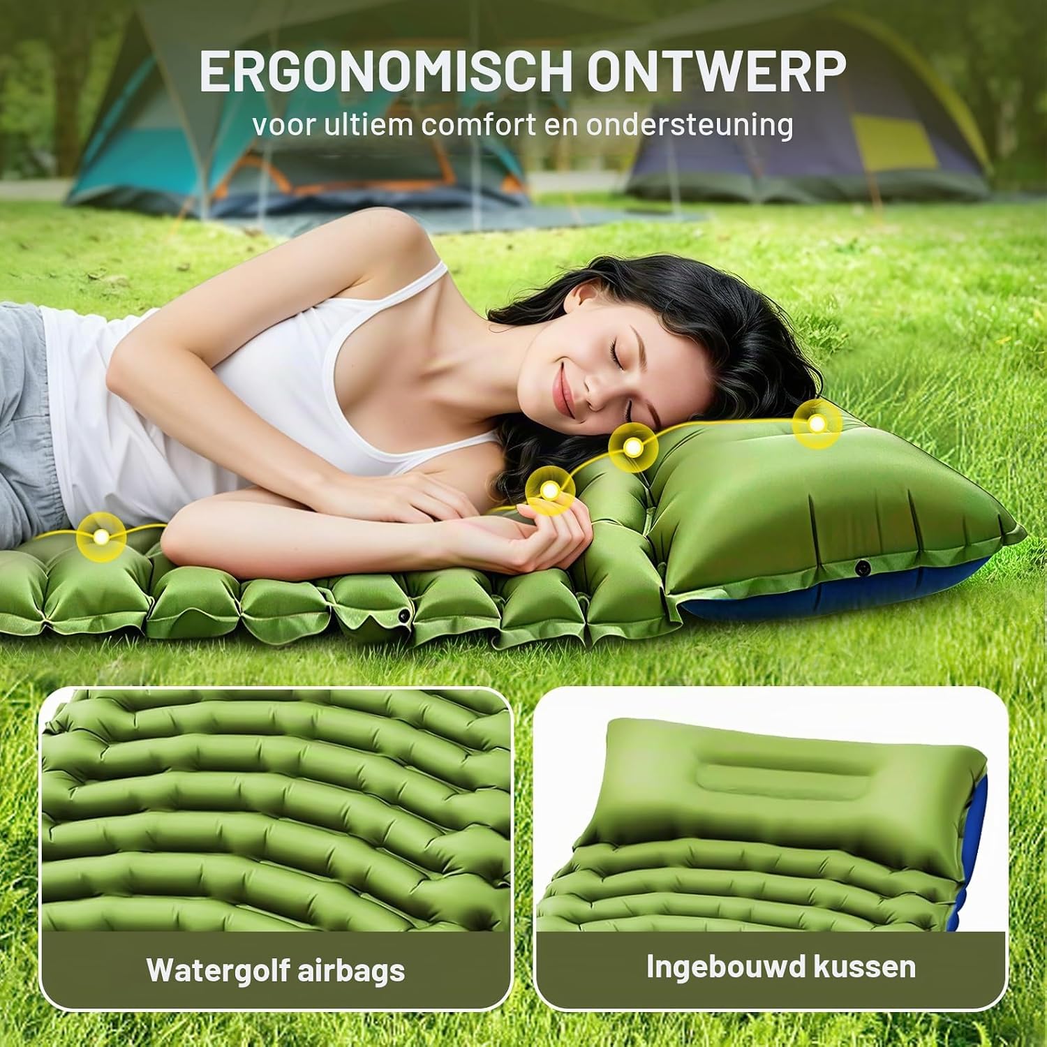 Detalle de WIKNOT CQCD Isomat campingmatras 195 x 70 x 10 cm met voetpomp en kussen