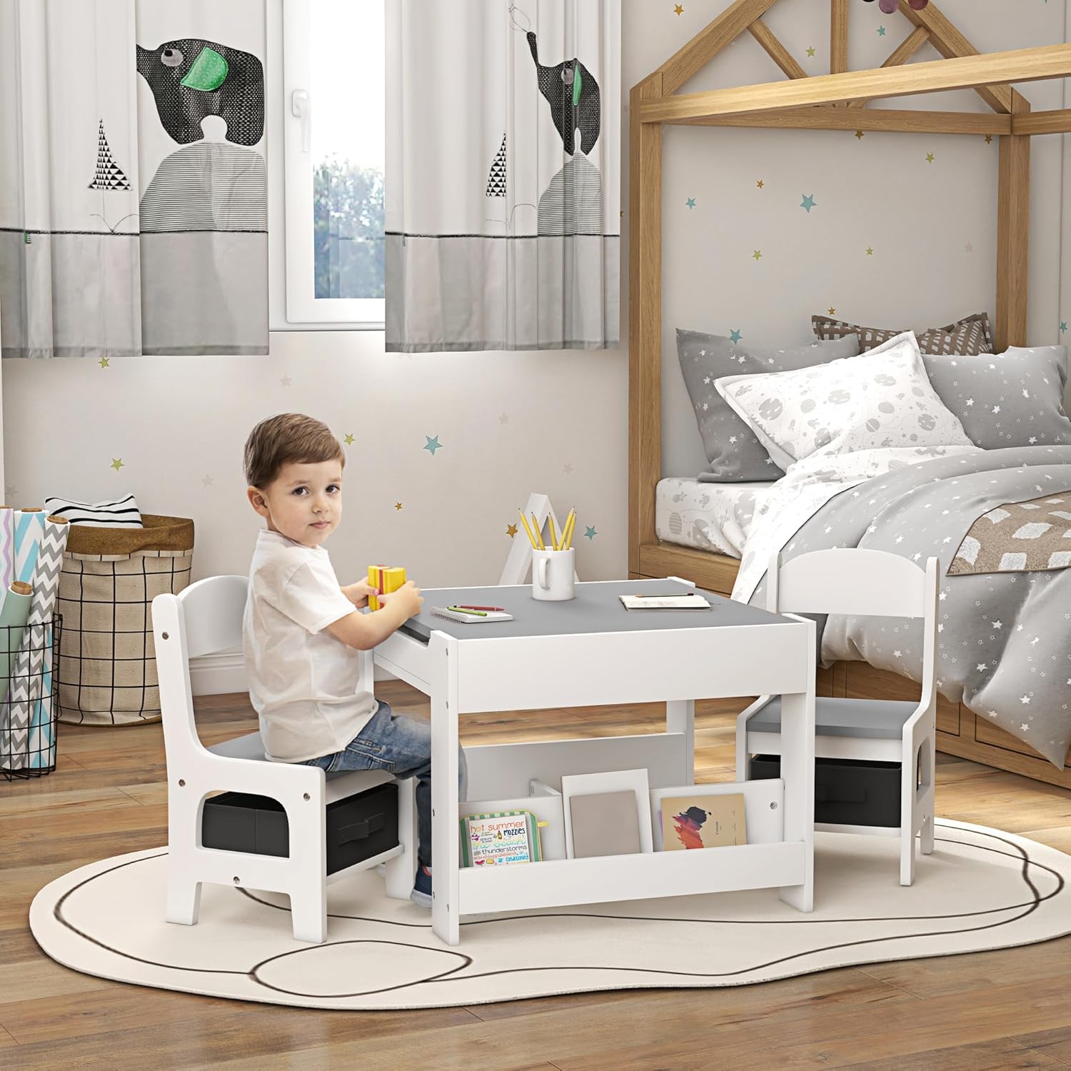 Thumbnail 1 de HOMCOM Ensemble 3 pièces table et 2 chaises enfant avec plateau réversible et rangements