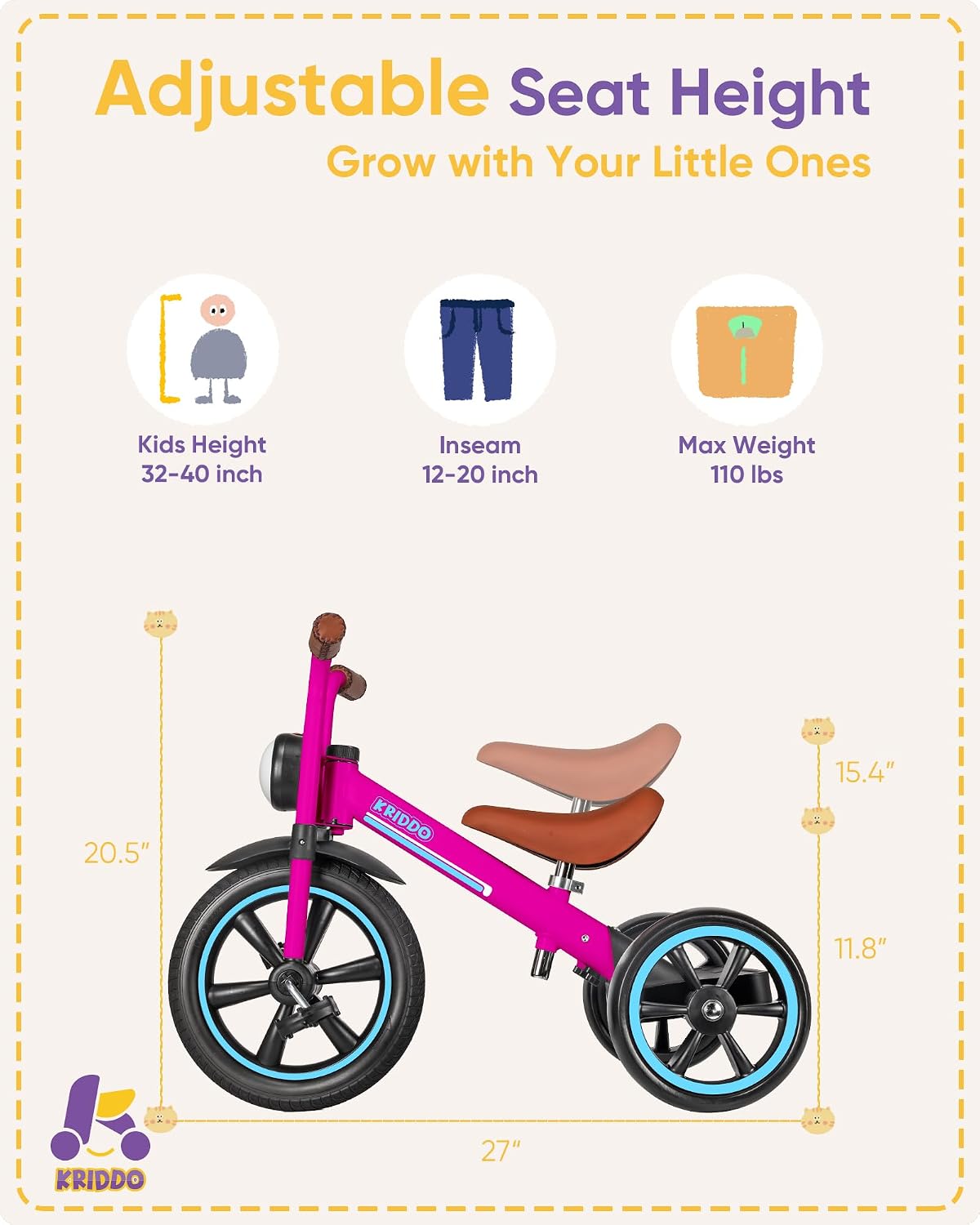 Thumbnail 4 de KRIDDO Kids Tricycle 12 Inch Pink