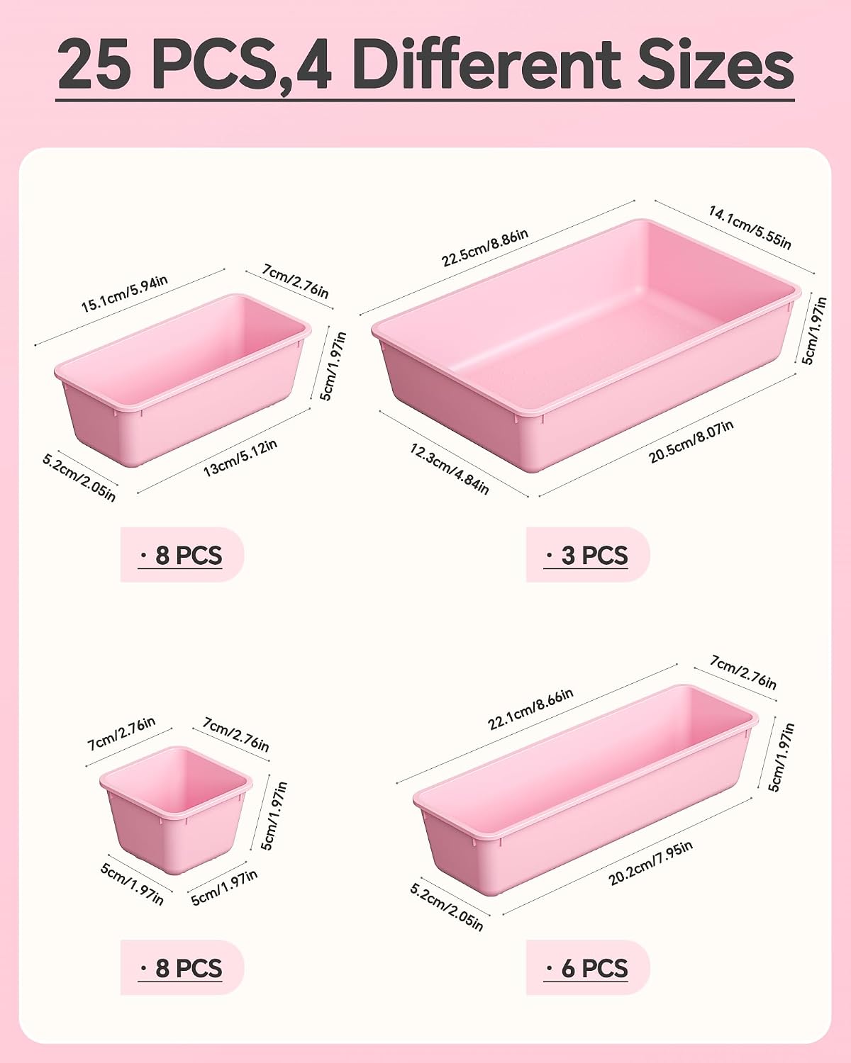 Detalle 2 de KEMETHY H25-Pink 25-Piece Plastic Drawer Organizer Set, 4 Sizes