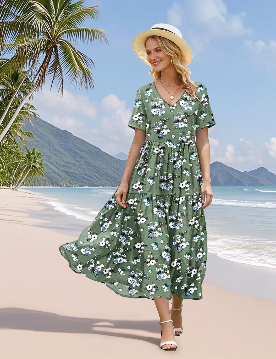 Thumbnail 4 de YESNO Women's Summer Maxi Dress: Floral Boho with Pockets, V-Neck, Empire Waist
