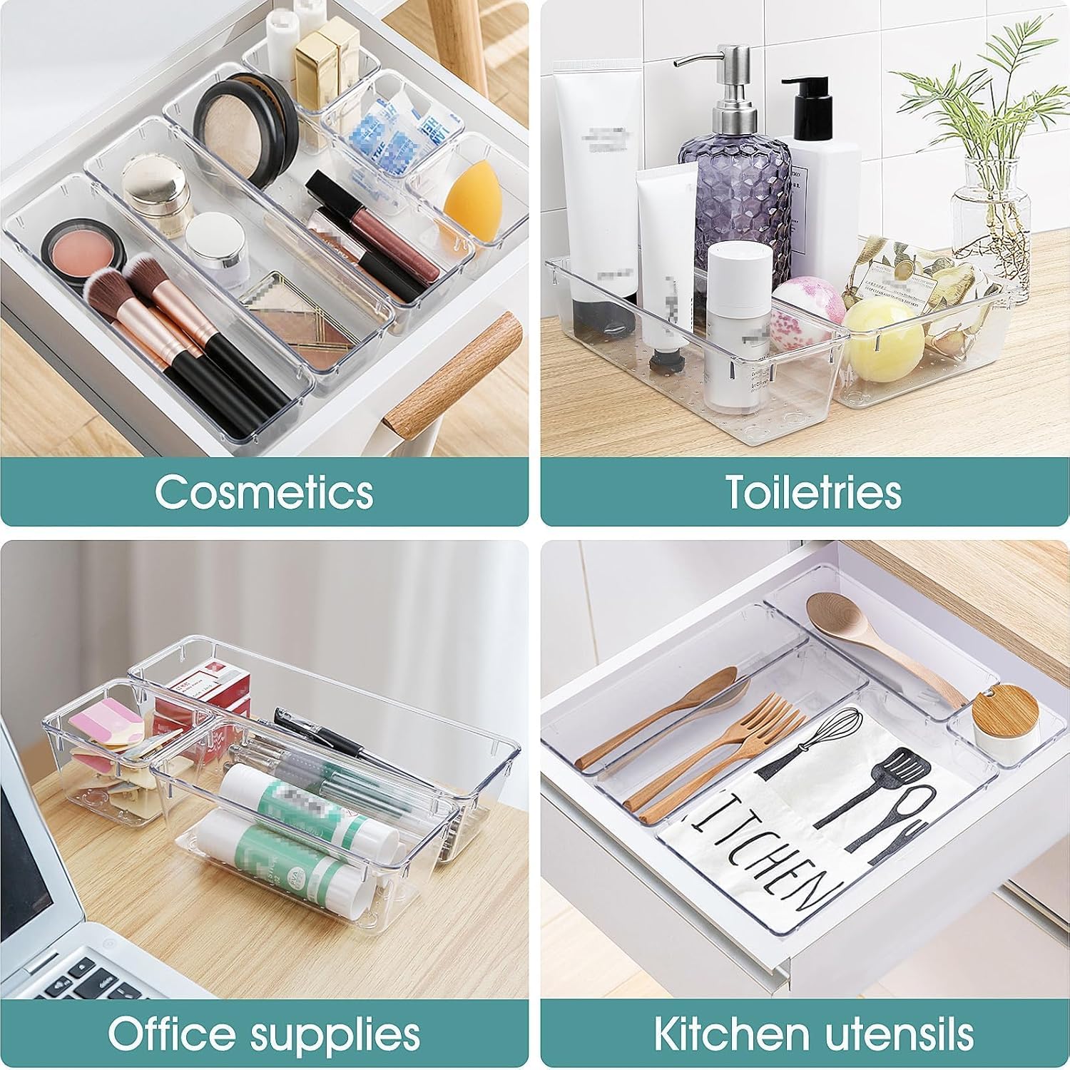 Detalle 1 de WOWBOX WB-02-00041 Clear Drawer Organizer Set, 4 Sizes, Stackable Bins