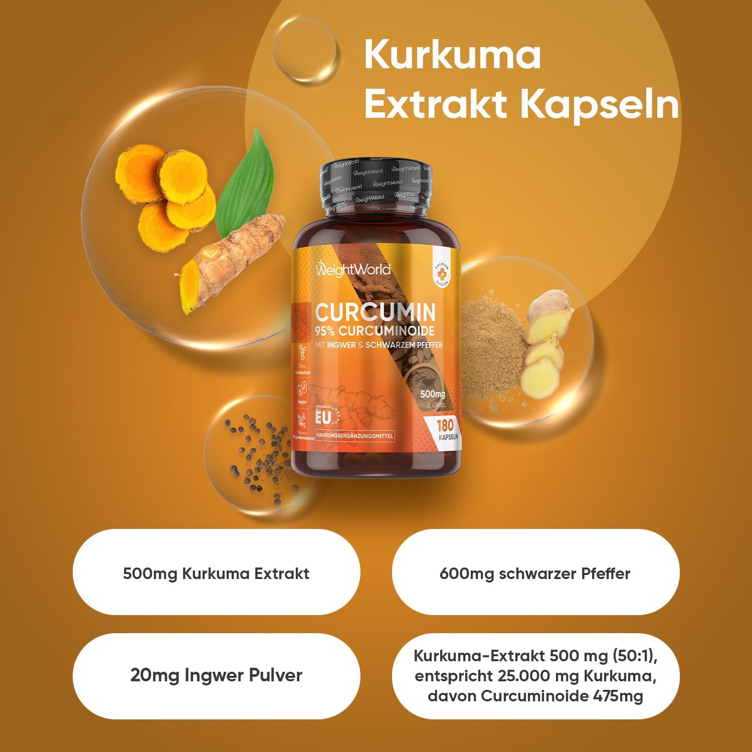 Thumbnail 1 de Curcumin Kapseln 500 mg (50:1) – Kurkuma-Extrakt mit Ingwer & Schwarzem Pfeffer von WeightWorld, 180 Kapseln