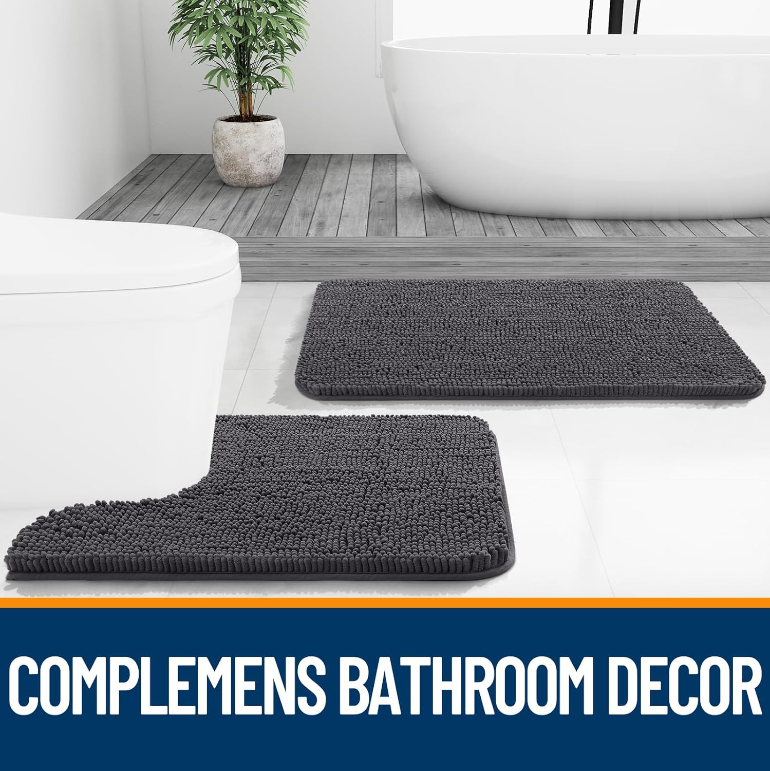 Thumbnail 6 de OLANLY Bathroom Runner Rug, 40" x 24" Chenille, Dark Gray, Rubber Backing