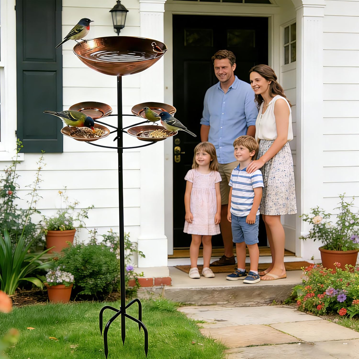 Detalle 2 de 42In Bird Bath with Feeder for Garden – Vintage Stainless Steel Standing Bath & 4-Tray Feeder