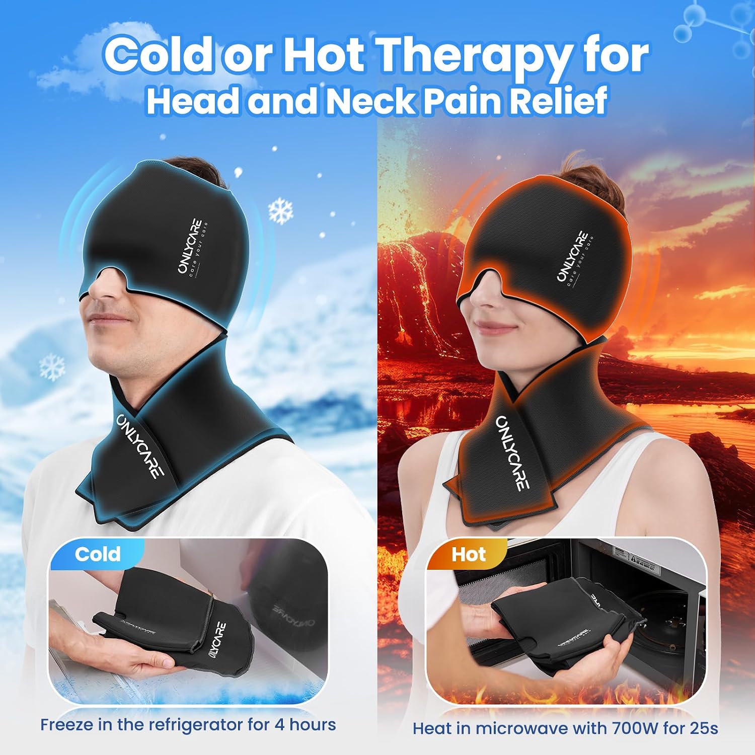 Detalle 2 de ONLYCARE Migraine Relief Cap and Neck Ice Pack Set, Reusable Hot/Cold Gel Wraps