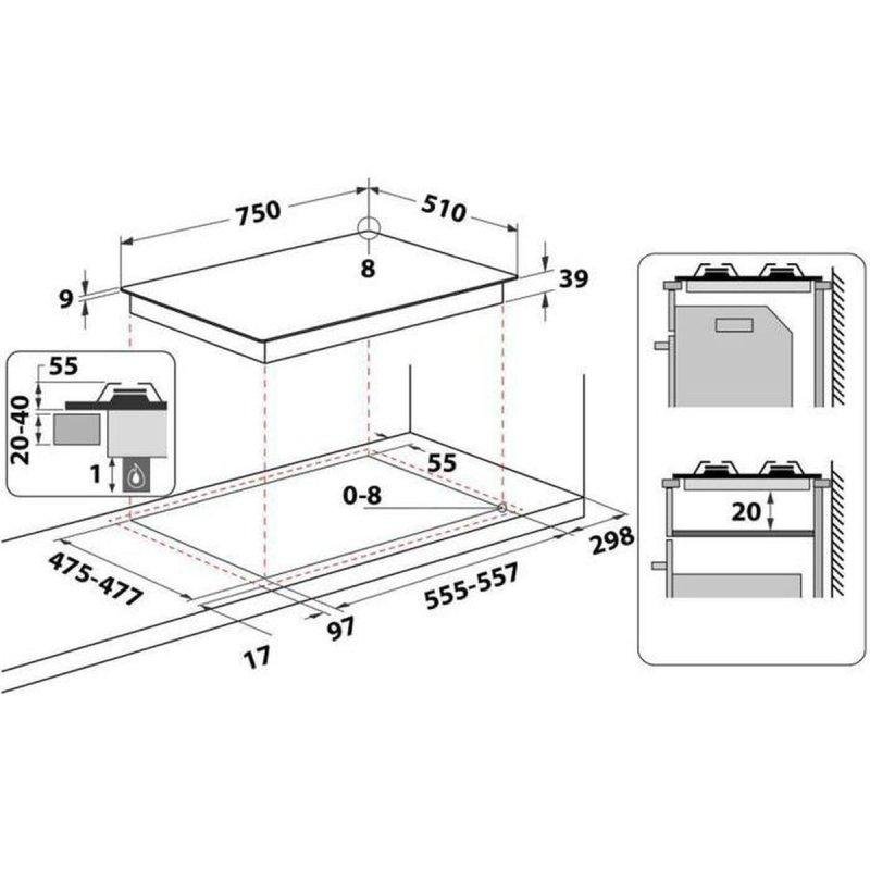 Detalle 2 de Hotpoint PCN 751 T/IX/HA: placa de gas de 75 cm con 5 quemadores en acero inoxidable