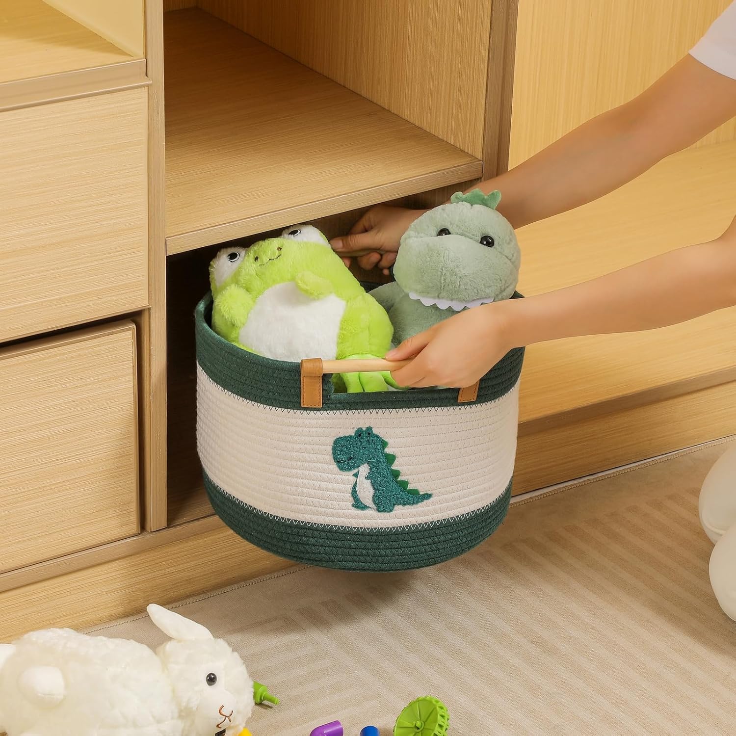 Thumbnail 3 de Baumwollseil-Aufbewahrungskorb mit Holzgriffen für Kinderdecken und Kuscheltiere (ca. 17 L)