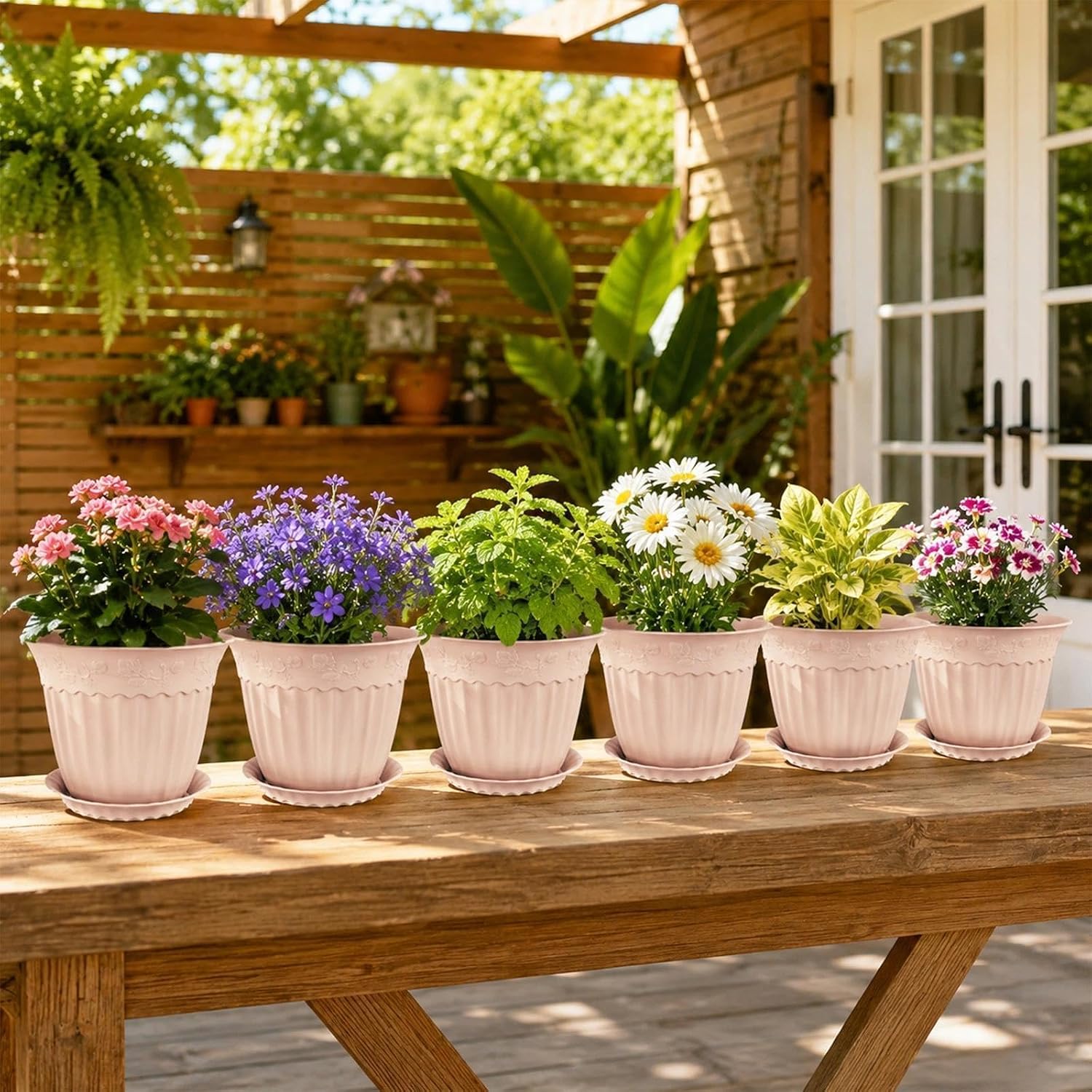 Detalle 1 de ZMTECH 6-Inch Blush Pink Plant Pots with Saucers, 12-Pack, Embossed
