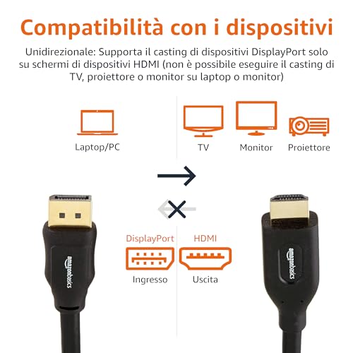 Detalle 2 de Amazon Basics Cavo DisplayPort (Sorgente) → HDMI, unidirezionale, 4K@30Hz, 1.8 m, con connettori placcati oro
