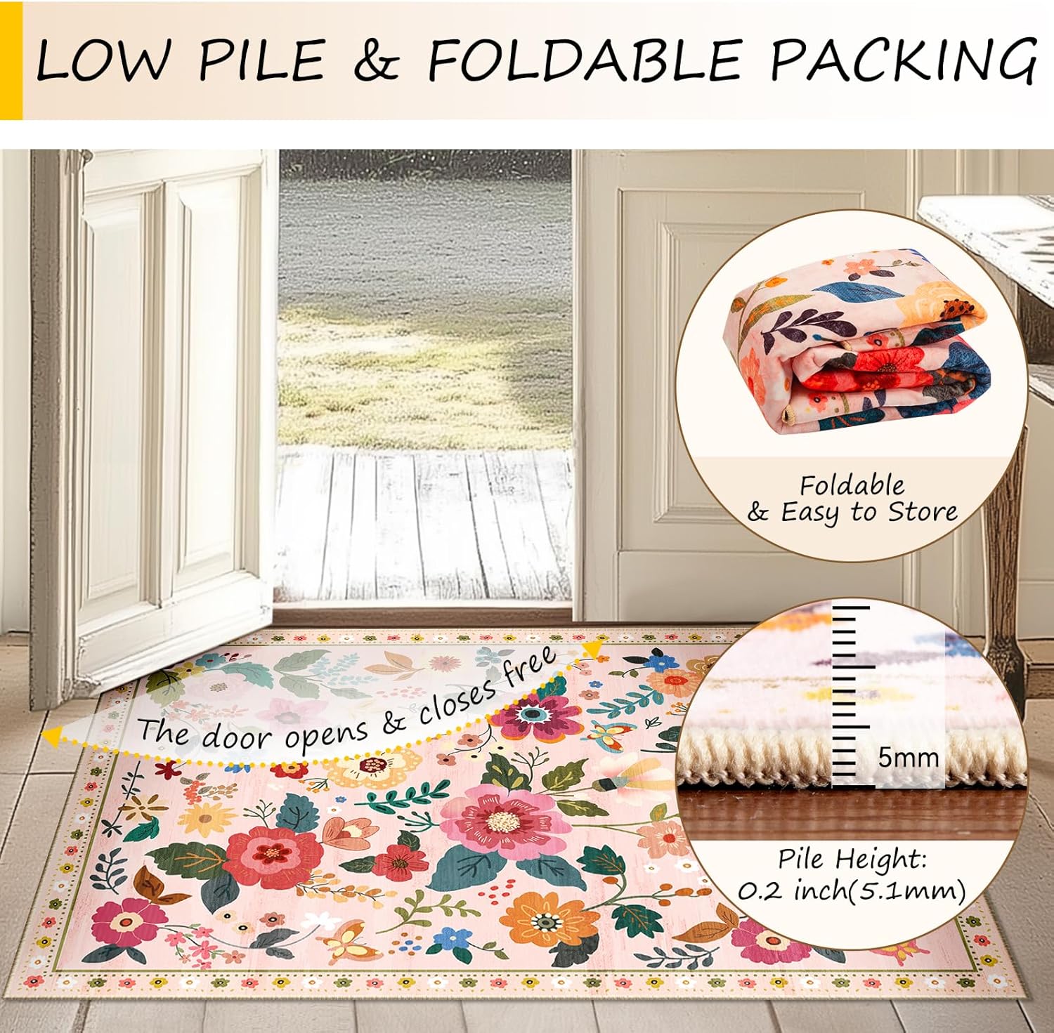 Detalle de RELEANY Floral 5x7 Area Rug — Machine Washable, Soft Print Boho Carpet