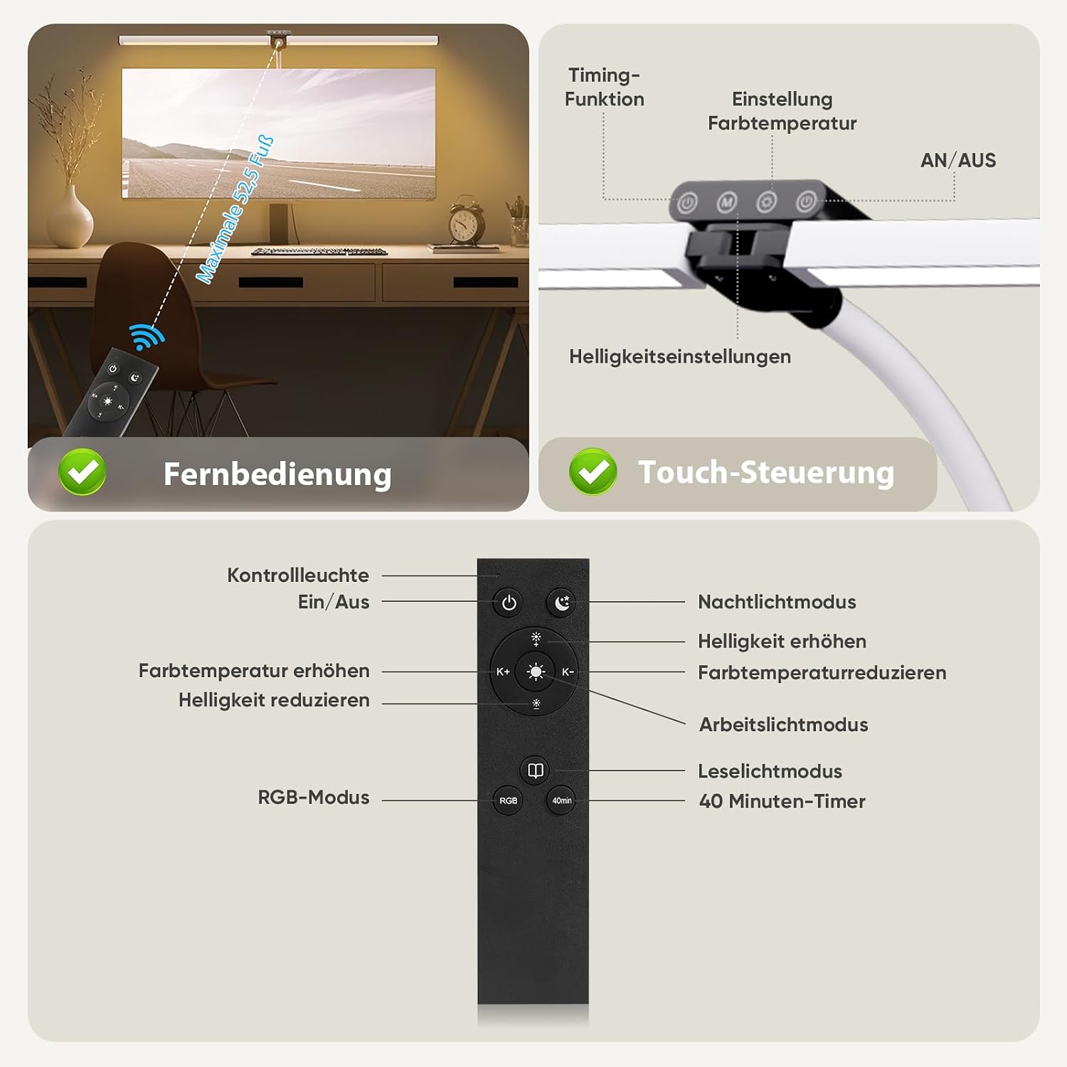 Thumbnail 2 de vatato Doppelkopf LED Schreibtischlampe mit RGB – 24W, dimmbar, klammerbar, Fernbedienung