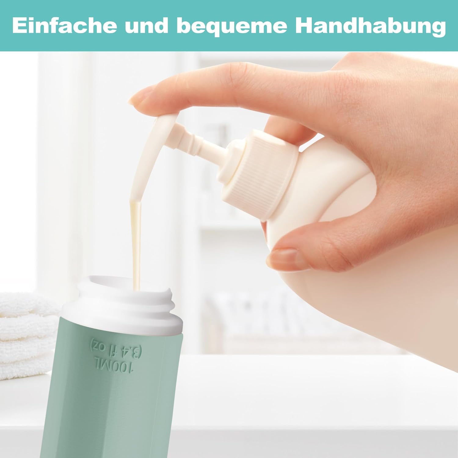 Detalle de Opret 4er Silikon-Reiseflaschen-Set (100 ml) – auslaufsicher, nachfüllbar für Shampoo & Kosmetik