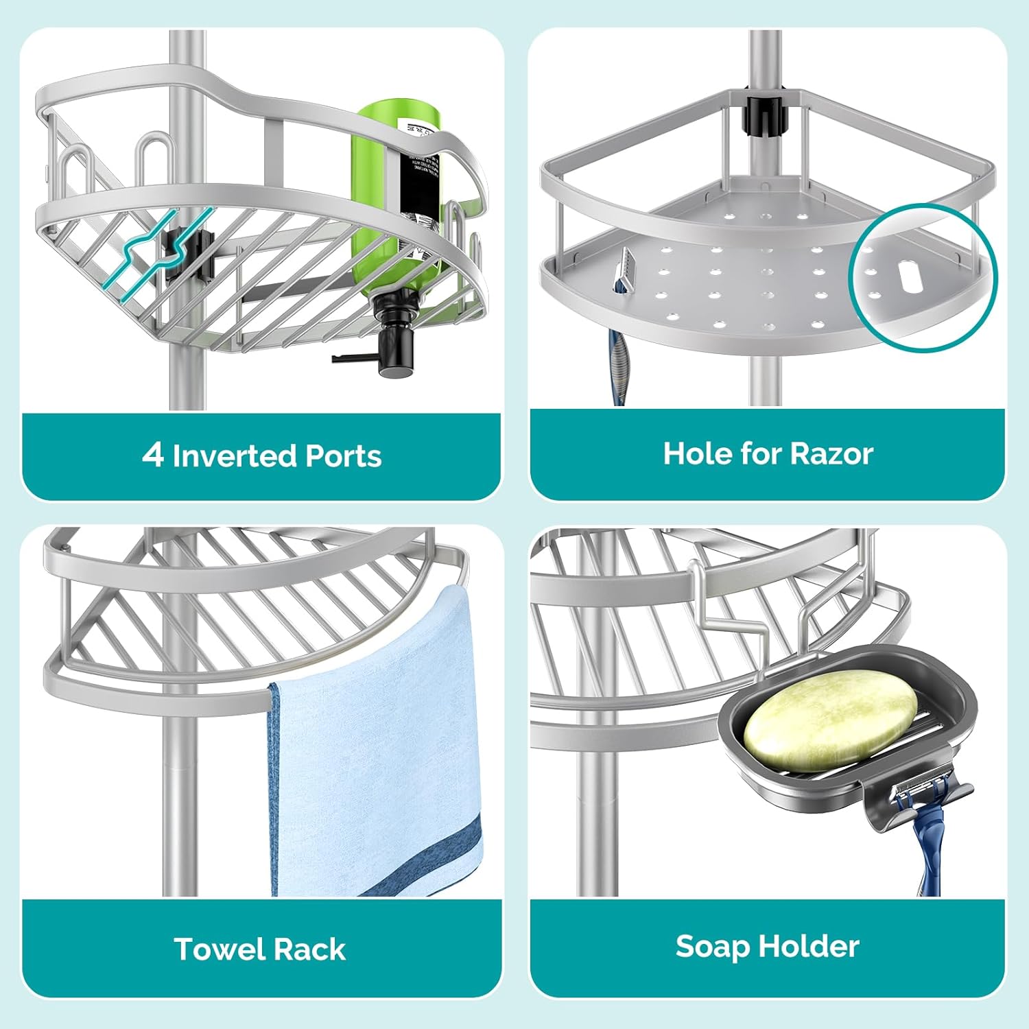 Thumbnail 5 de HAMITOR Corner Shower Caddy Tension Pole – 4-Tier Rustproof Steel Organizer for 47–121 Inch Corners