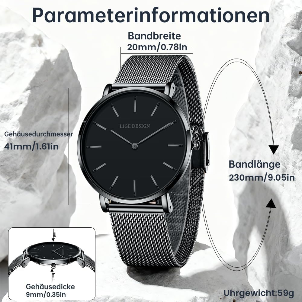 Thumbnail 1 de LIGE Damen-Armbanduhr Analog Quarz Ultra-Flach (41 mm) mit Edelstahl-Meshband
