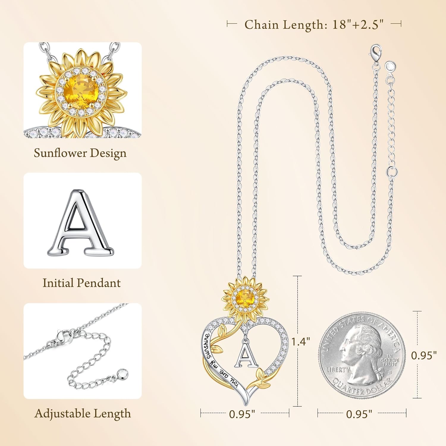 Thumbnail 4 de TINGN Collier tournesol pour femme — pendentif cœur tournesol en argent plaqué or blanc 18 carats