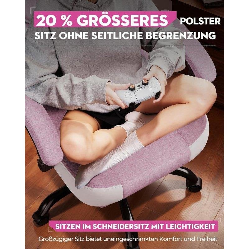 Detalle de GTPLAYER sillón gaming rosa de tela, reclinable hasta 155° y con reposapiés