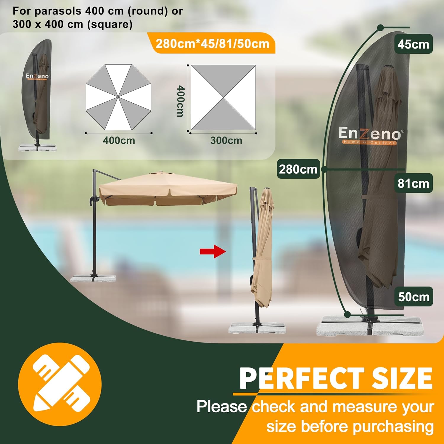 Thumbnail 1 de Enzeno Ampelschirme Schutzhülle für Sonnenschirme 3 bis 4 m (280 x 40/81/50 cm) – wasserdichte Abdeckhaube