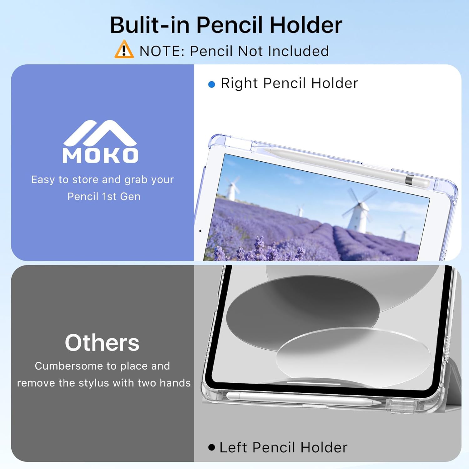 Detalle de MoKo Cover per iPad 9a/8a/7a Generazione 10,2'' (2021/2020/2019) con Portapenna: custodia trifold leggera in PC rigido e lavanda