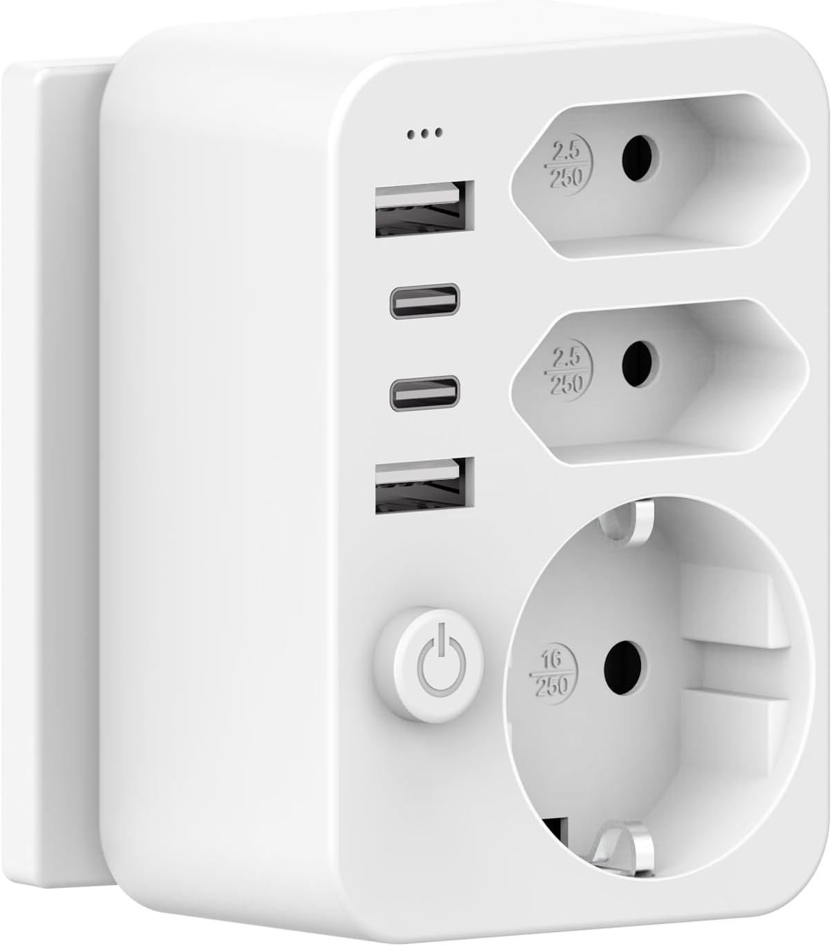 Detalle de HANYEAL Mehrfachsteckdose mit USB – 6-in-1 Reise- und Haushaltslösung (EU-Stecker, 2 Schuko, Typ-C Schnellladung, 3 USB)