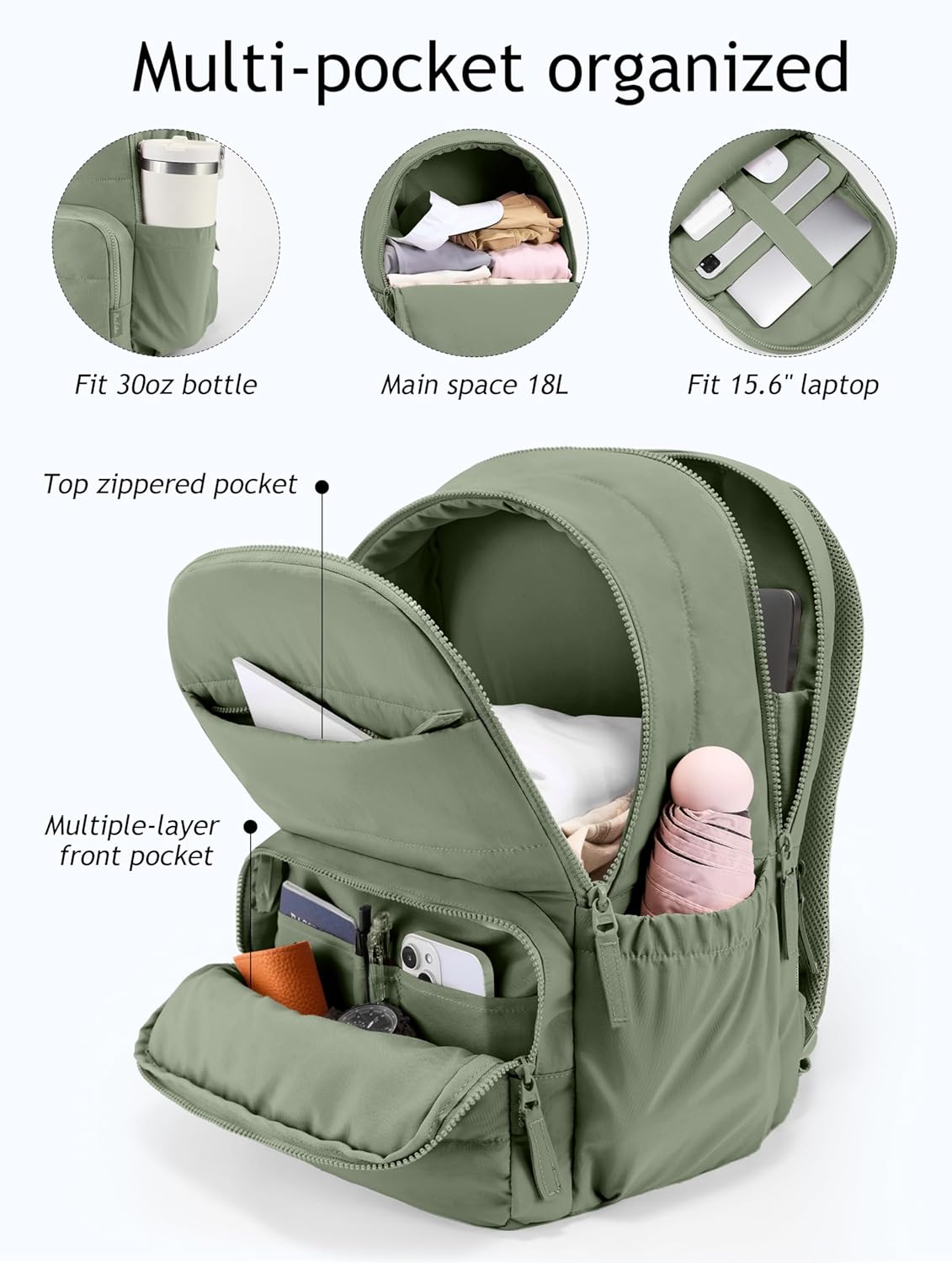 Detalle de Uselike Travel Backpack for Women: 15.6" Laptop, Quilted, Sage Green