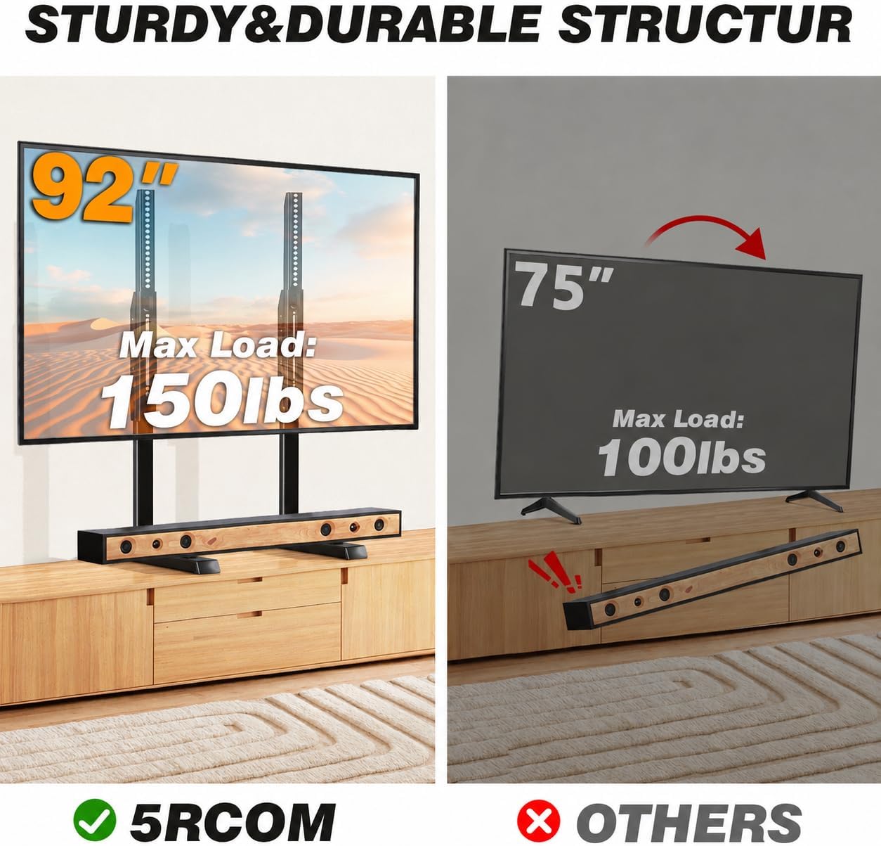 Detalle de 5Rcom UT3004 Tabletop TV Stand, Height Adjustable, 150-lb Capacity