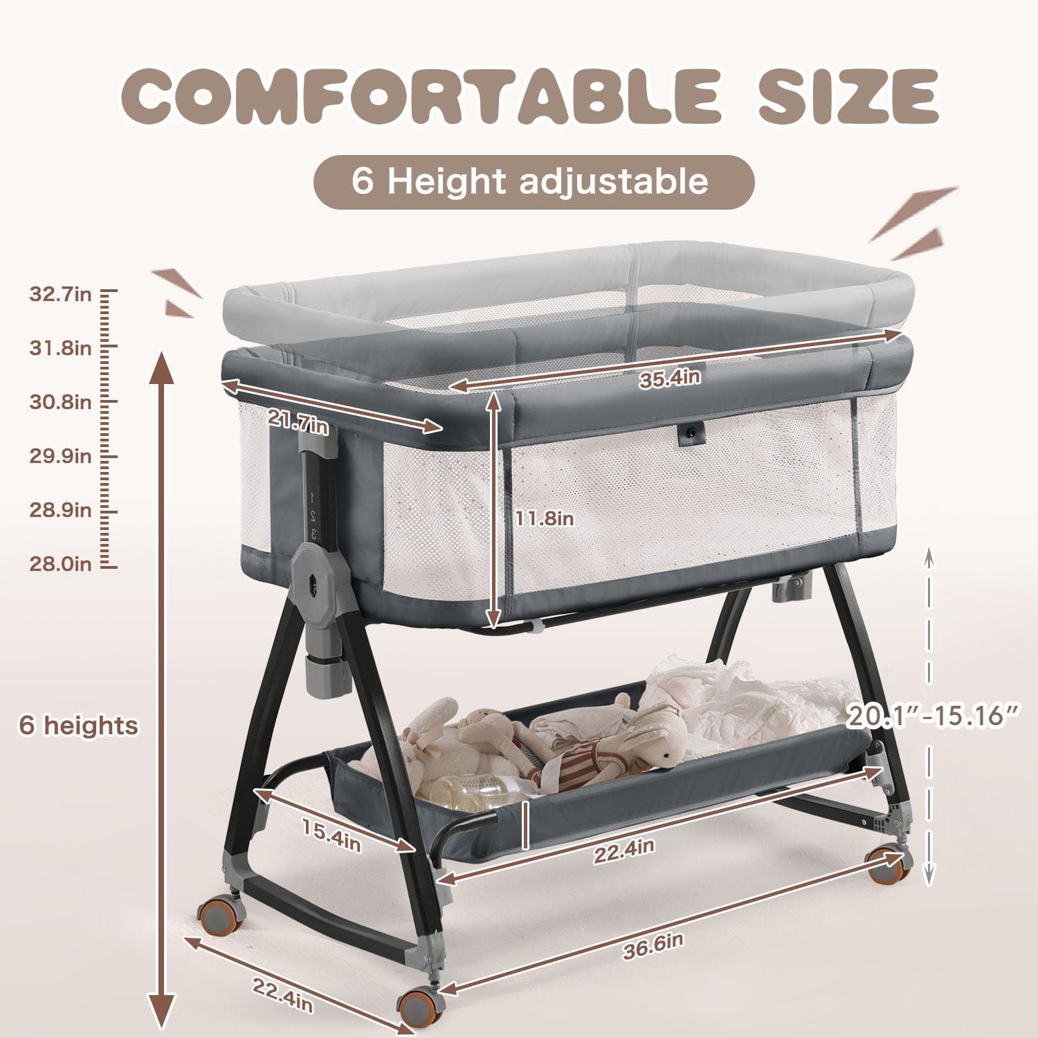 Detalle de feelogos BB-858 Bedside Bassinet with Adjustable Height and Breathable Mesh