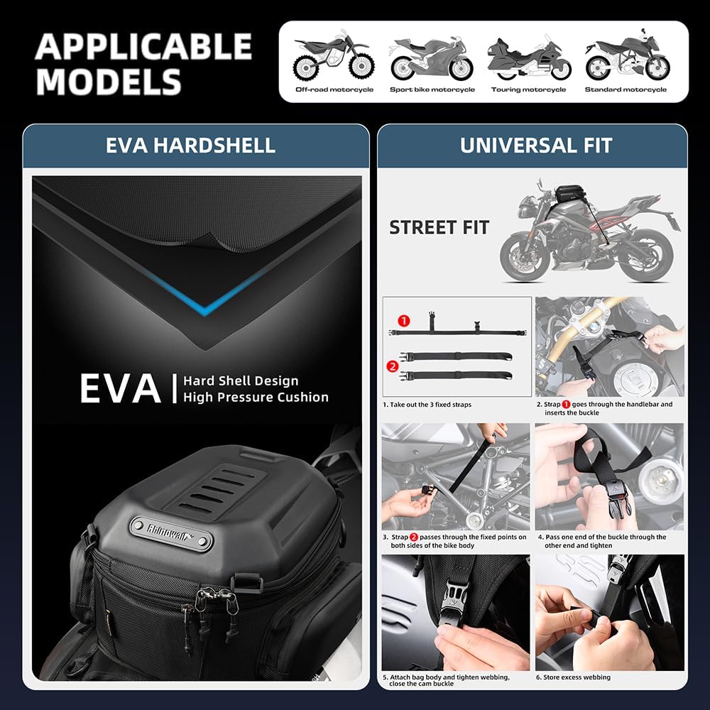 Detalle de Rhinowalk Motorcycle Travel Luggage: 15-18L Expandable Tank Bag in Carbon Fibre Black