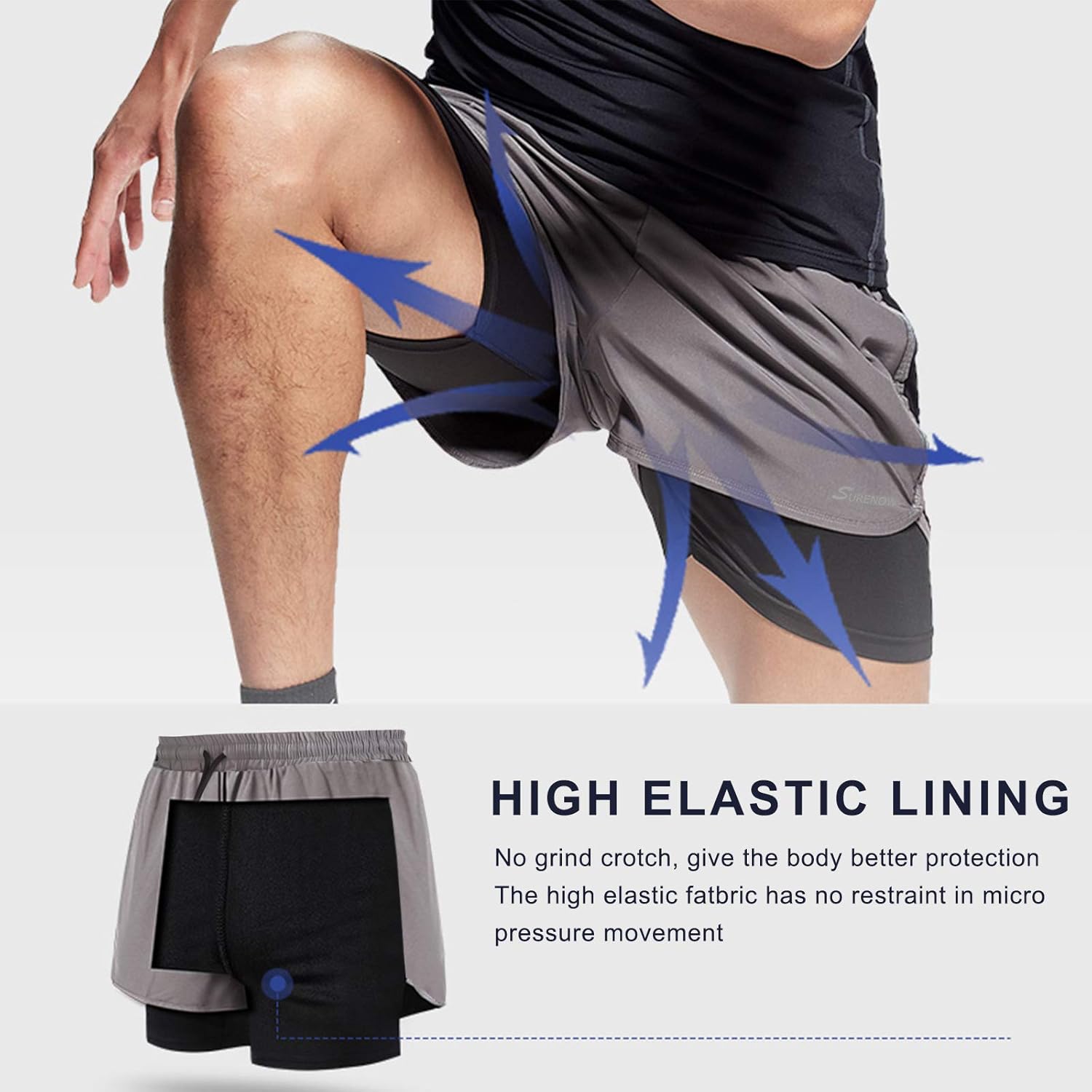 Thumbnail 4 de Surenow Men's 2-in-1 Running Shorts with Quick-Dry Fabric, Zip Pockets, and Towel Loop