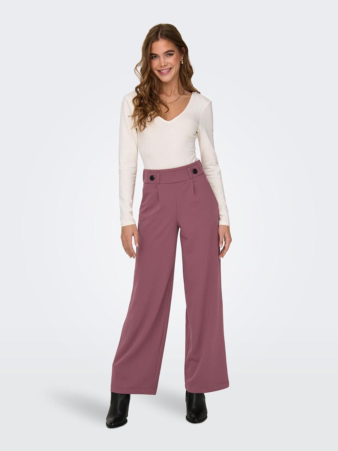 Detalle de JDY GEGGO Marlene-Weitling Damenhose mit Schlupfbund und Flare-Schnitt