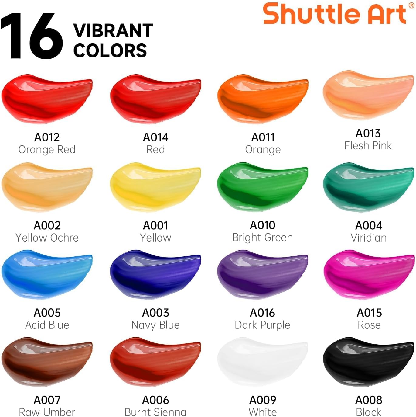 Detalle de Shuttle Art Acrylfarbe-Set (16 x 12 ml) in Tuben – mit Pinseln für Malen auf vielen Oberflächen