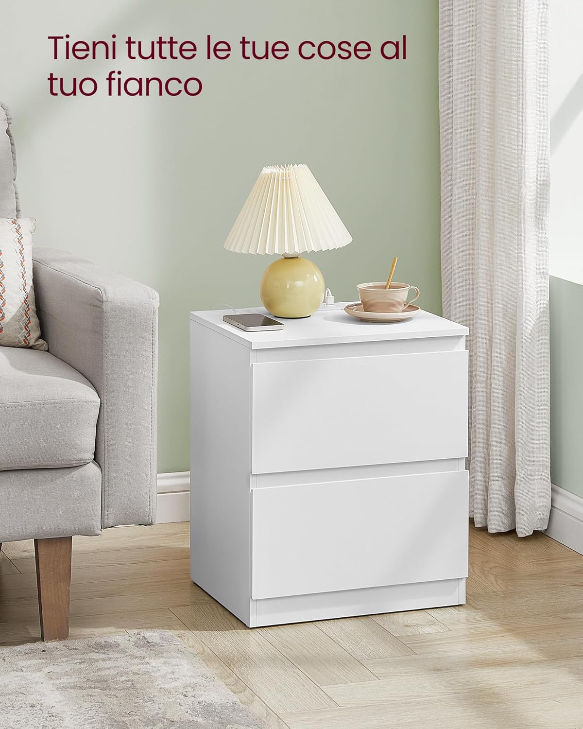 Detalle 2 de VASAGLE Kailyn Collezione - Comodini con Ciabatta Elettrica, Set di 2, bianco nuvola LET821W02