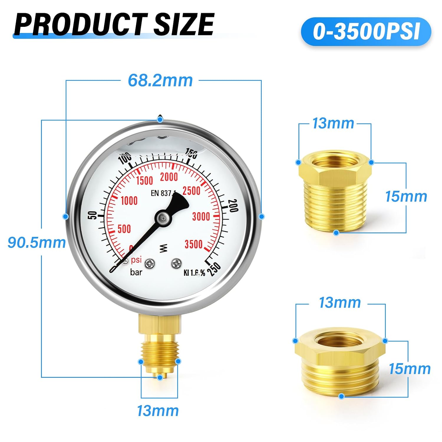 Detalle de TAILONZ Pneumatic Flüssigkeitsgefülltes Manometer Edelstahl 0-250 bar | 1/4" BSP | 2,5" Zifferblatt