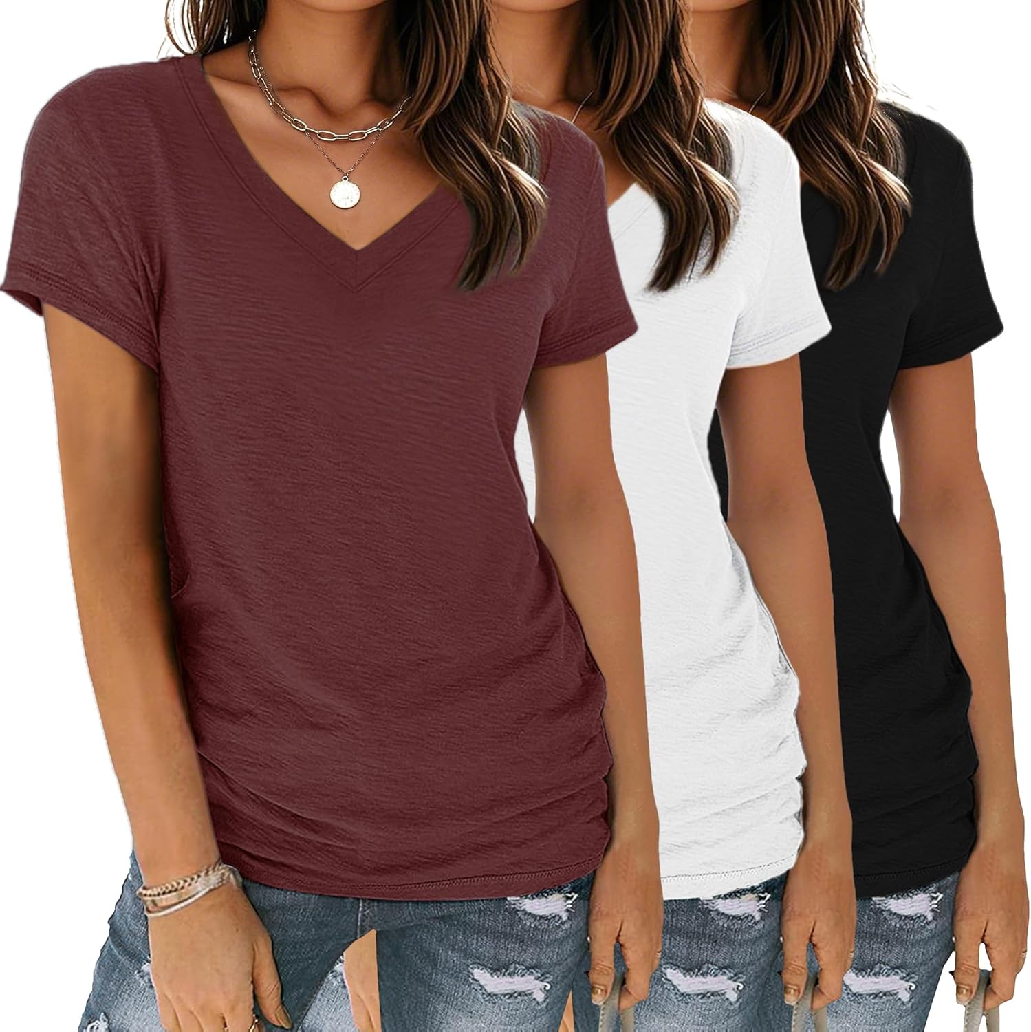 Thumbnail 6 de YGOODM Damen T-Shirt im 3er-Pack mit V-Ausschnitt – Kurzarm Basic für den Sommer