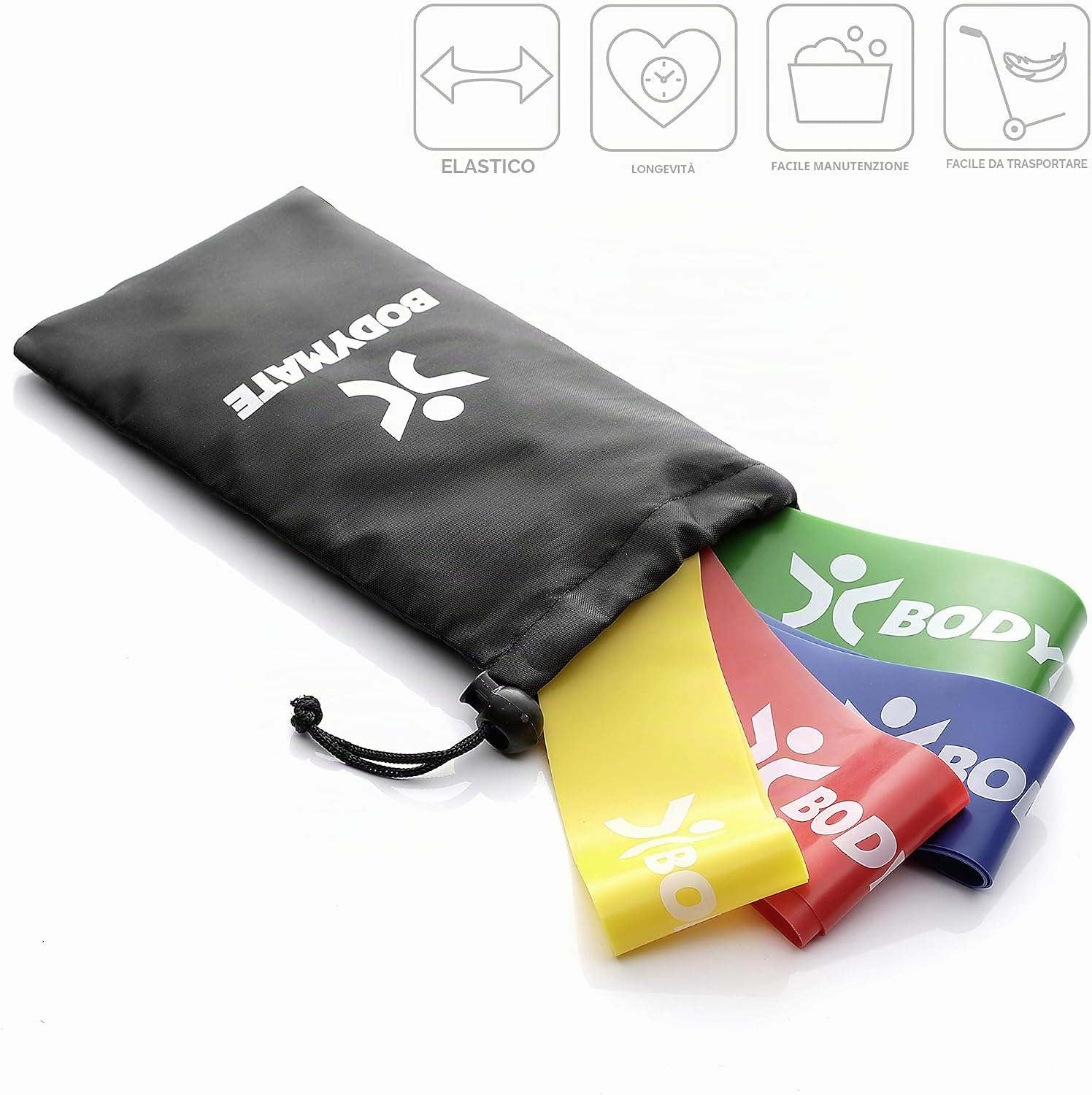 Detalle 2 de BODYMATE Set bande elastiche fitness 60 cm x 5 cm con 4 livelli di resistenza e borsa