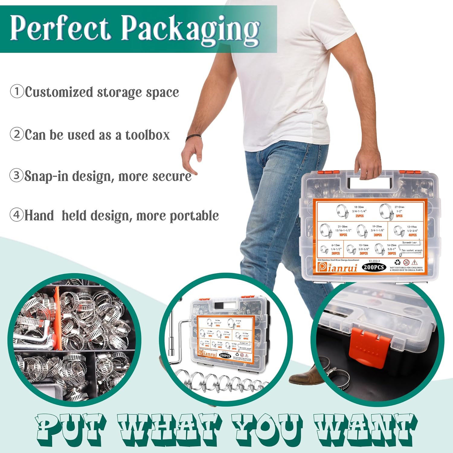 Thumbnail 1 de Dianrui 202-Piece 304 Stainless Steel Hose Clamp Assortment (1/4–2 in / 6–51 mm) Kit with Screwdrivers