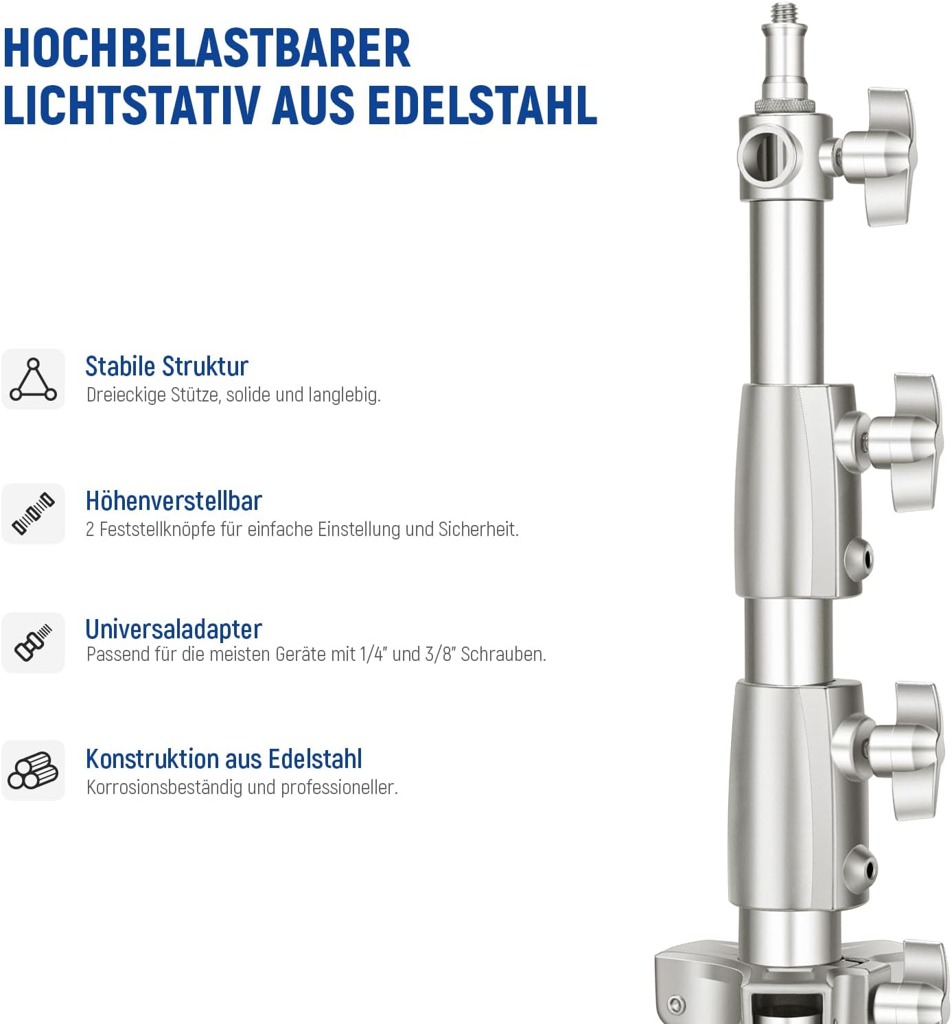 Thumbnail 5 de NEEWER ST-280SS Lichtstativ (2er-Set) aus Edelstahl, 126–280 cm, federgedämpft, 1/4"–3/8" Adapter