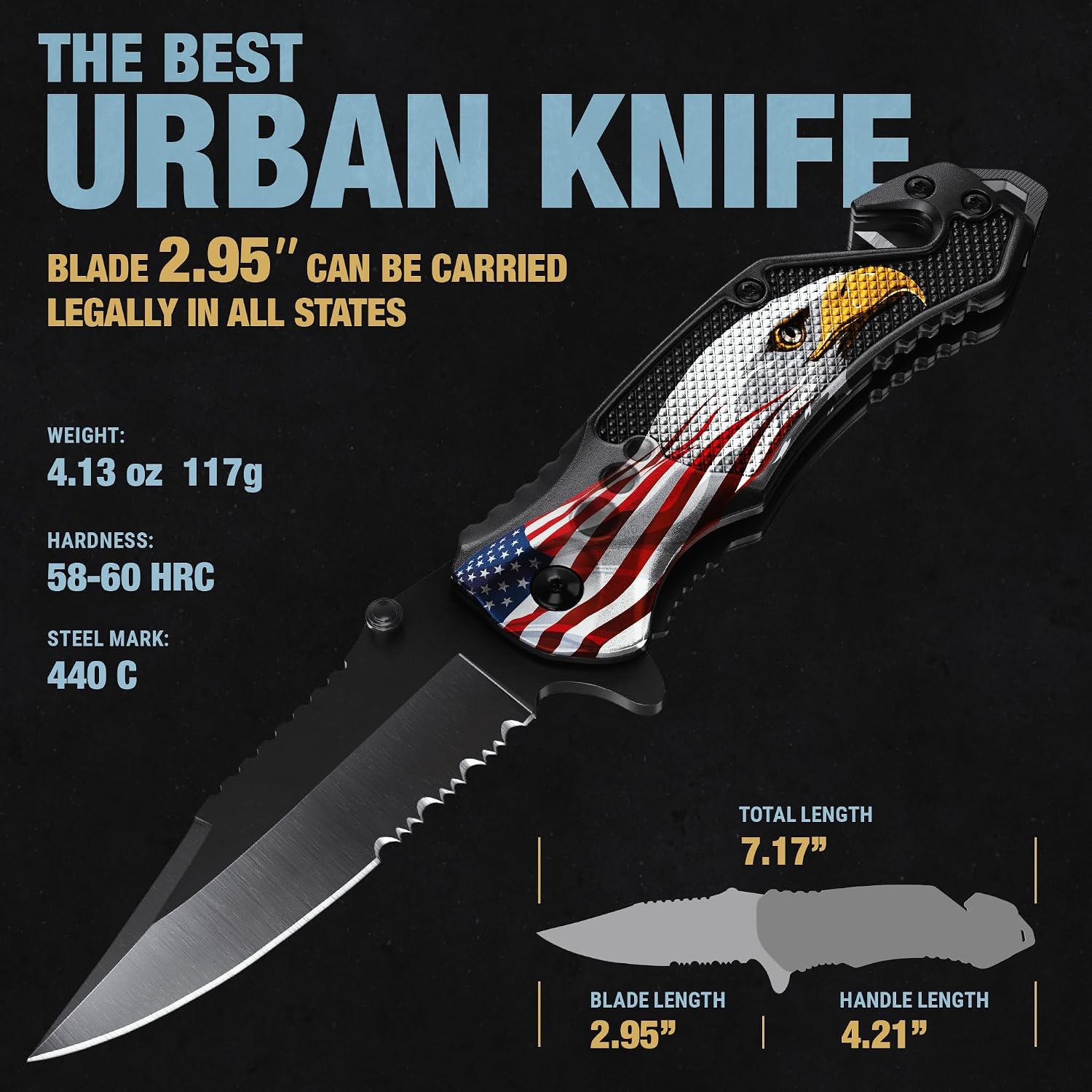 Thumbnail 1 de GOOD WORKER Patriotic Legal Pocket Knife with Serrated Blade and Glass Breaker