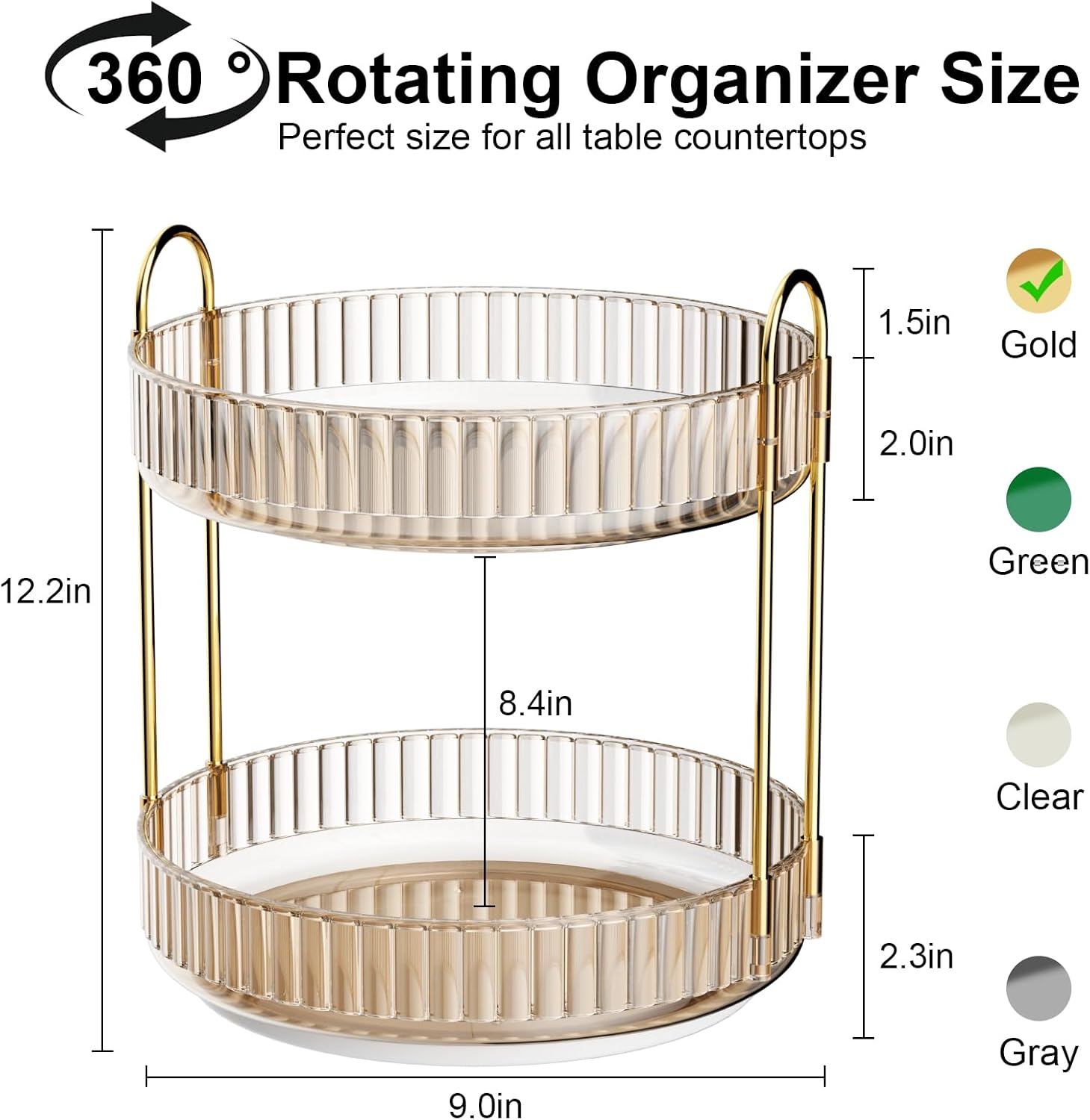 Thumbnail 1 de MOACC 2-Tier Rotating Makeup & Skincare Organiser with 360° Swivel Base (Gold)