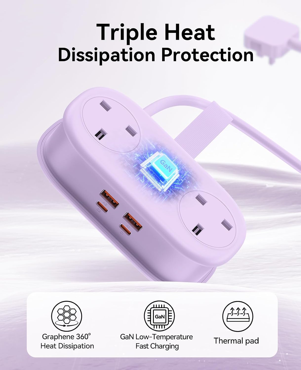 Detalle de ORICO 65W GaN Travel Extension Lead with USB Slots (2 USB-A/2 USB-C) – Purple