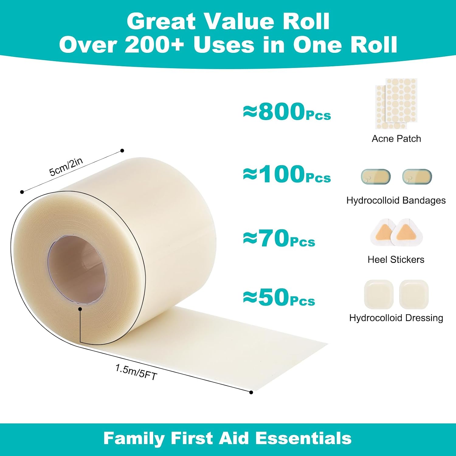 Detalle de TINBOTO TIN-WHC-FT Hydrocolloid Wound Care Roll, 2IN x 4.8FT
