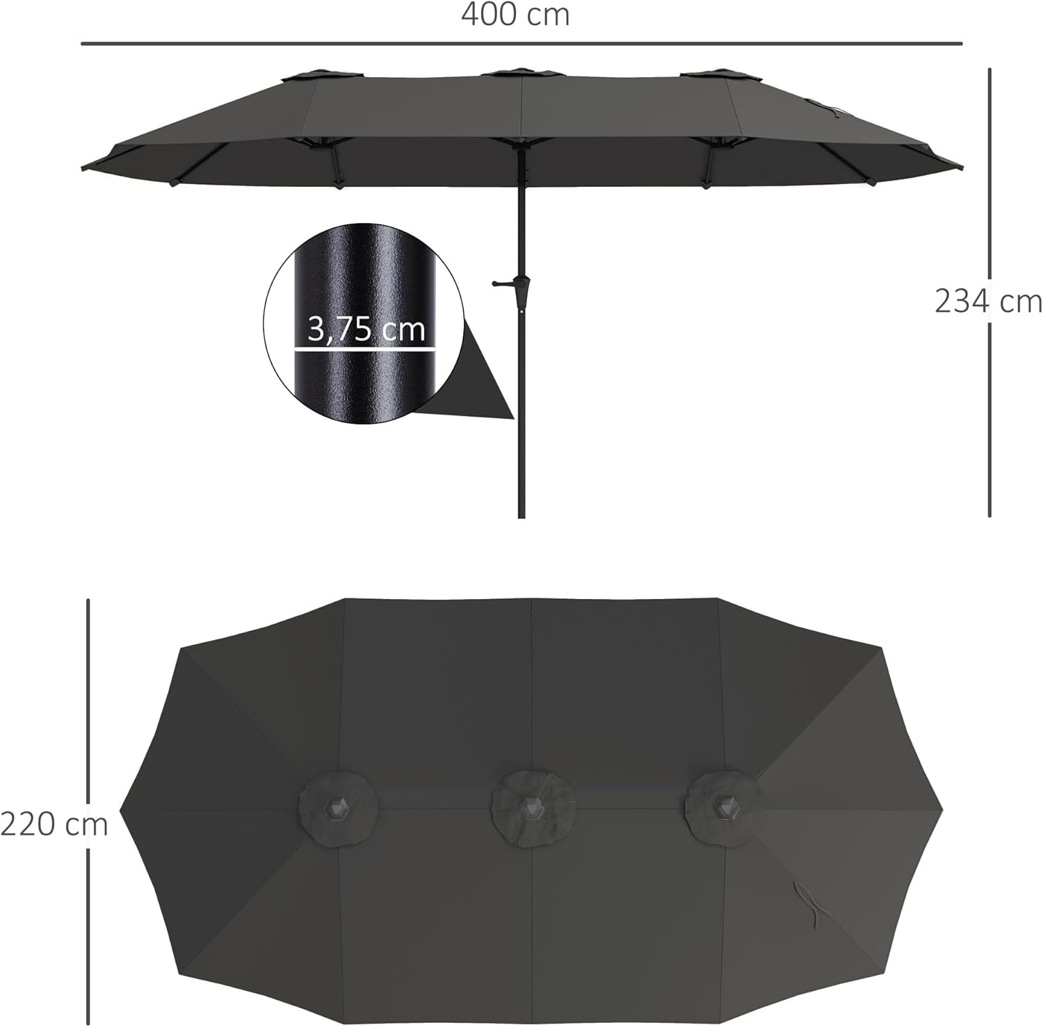 Thumbnail 6 de Outsunny Parasol de jardin extérieur double rectangulaire 4 x 2,2 x 2,34 m – manivelle