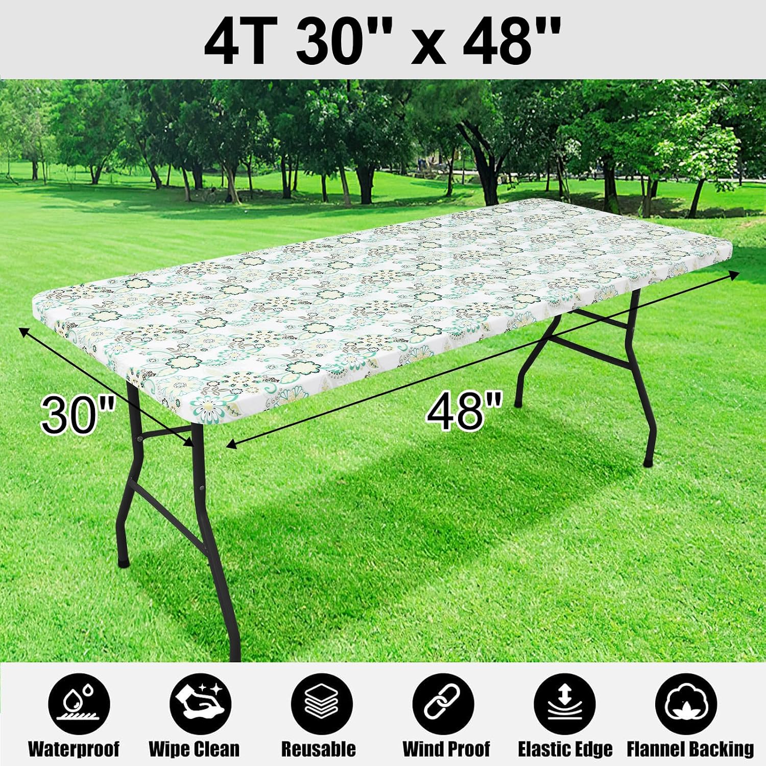 Detalle de Smiry 48" x 30" Fitted Vinyl Tablecloth, Teal & White, Waterproof